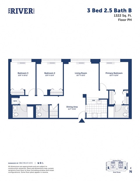 Floor plan for 3 beds, 2.5 baths, 1322 sqft